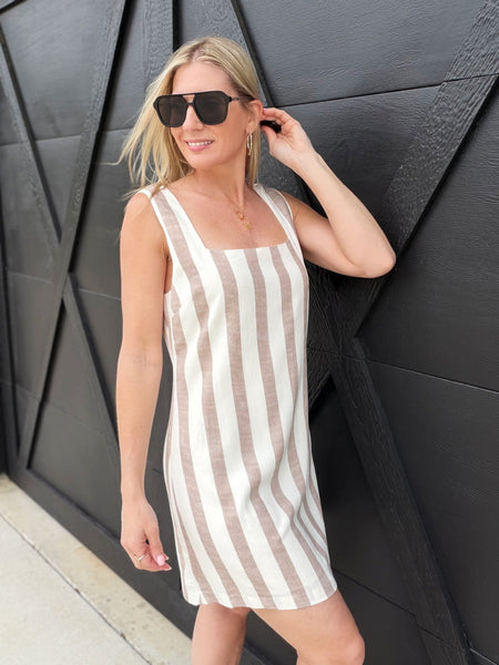 Striped Linen Mini Dress In Brown Infinity Raine Striped Linen Mini Dress In Brown Infinity Raine