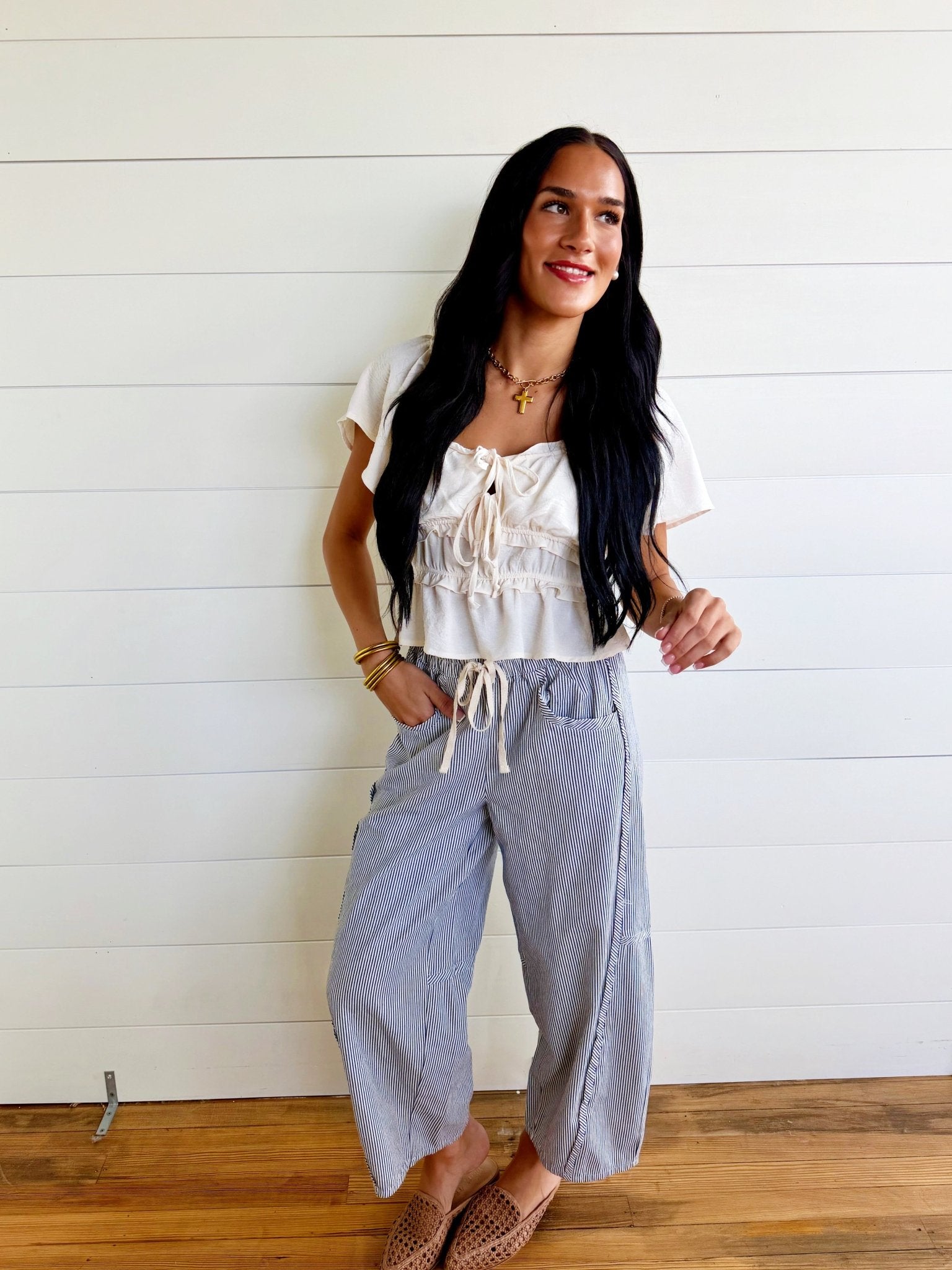 Striped Relaxed Fit Barrel Pants In Navy - Infinity Raine