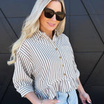 Striped Ruffle Hem Button Up Blouse In Coco - Infinity Raine