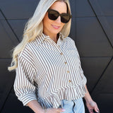 Striped Ruffle Hem Button Up Blouse In Coco - Infinity Raine