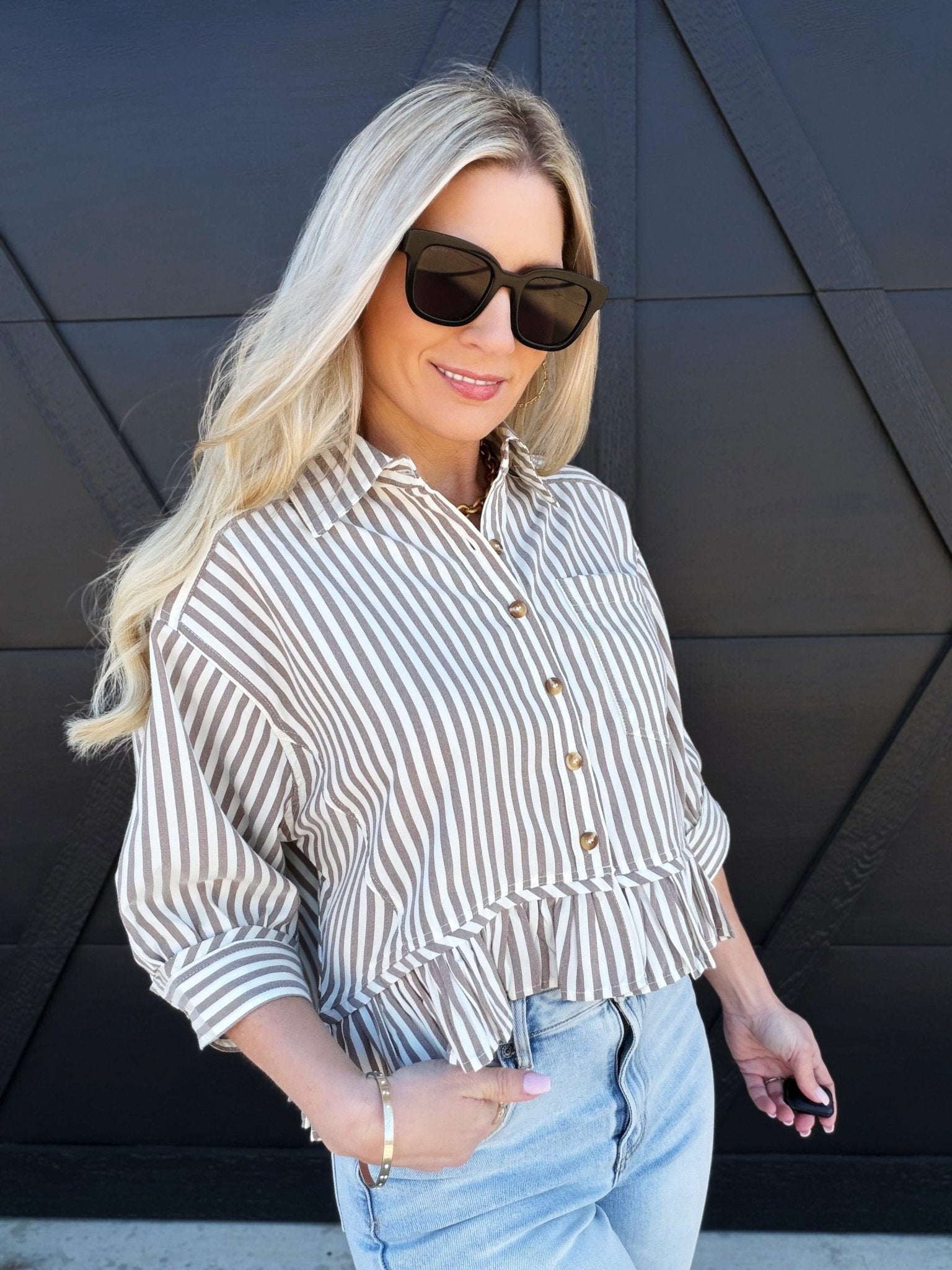 Striped Ruffle Hem Button Up Blouse In Coco - Infinity Raine