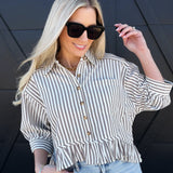 Striped Ruffle Hem Button Up Blouse In Coco - Infinity Raine