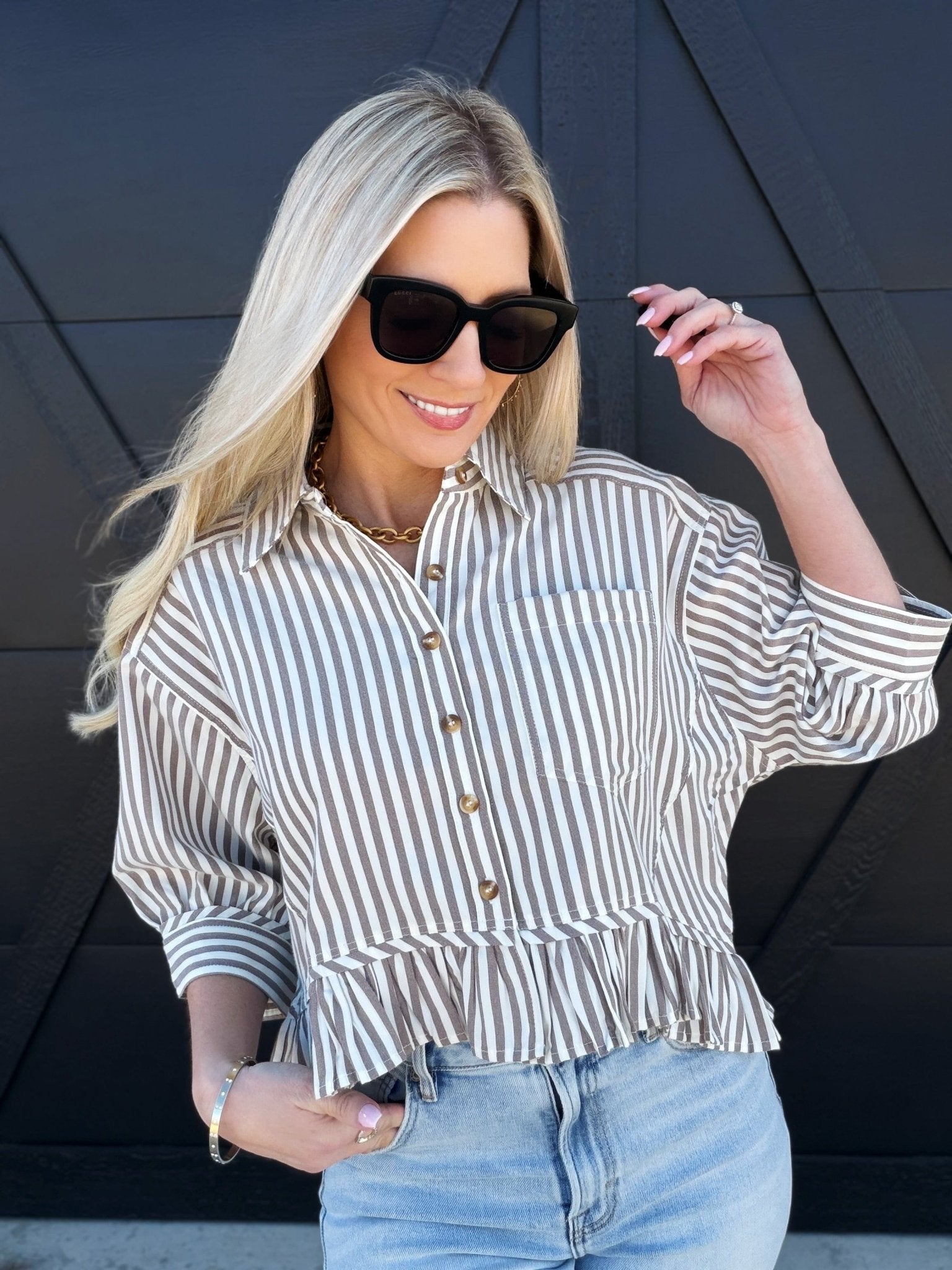 Striped Ruffle Hem Button Up Blouse In Coco - Infinity Raine