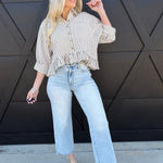 Striped Ruffle Hem Button Up Blouse In Coco - Infinity Raine