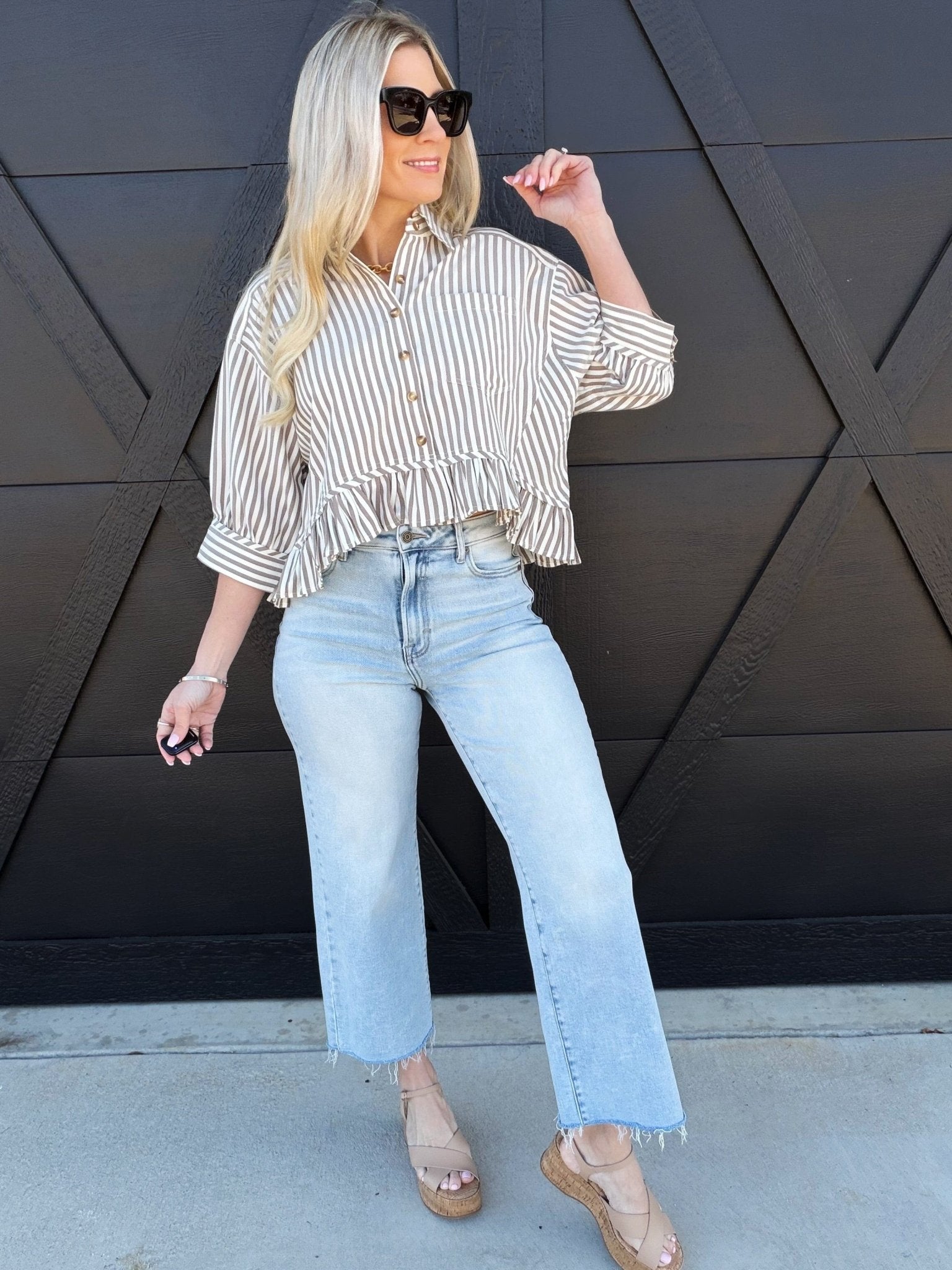 Striped Ruffle Hem Button Up Blouse In Coco - Infinity Raine