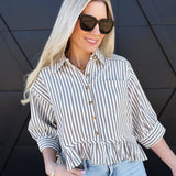 Striped Ruffle Hem Button Up Blouse In Coco - Infinity Raine