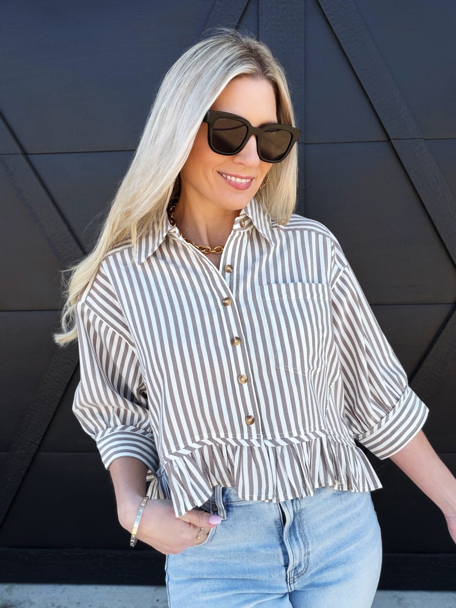 Striped Ruffle Hem Button Up Blouse In Coco - Infinity Raine