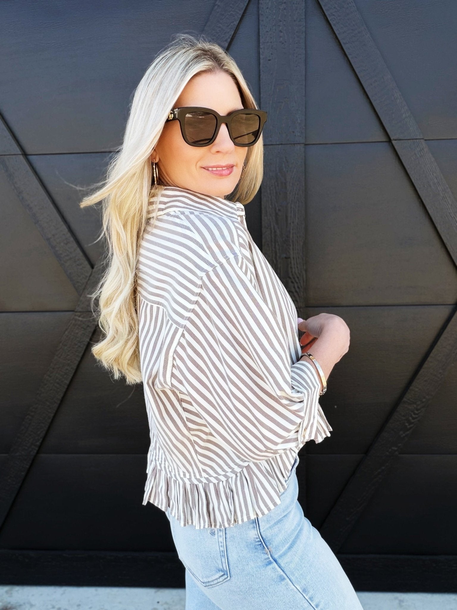 Striped Ruffle Hem Button Up Blouse In Coco - Infinity Raine