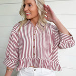 Striped Ruffle Hem Button Up Blouse In Wine - Infinity Raine
