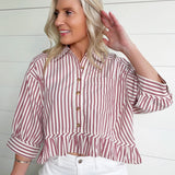 Striped Ruffle Hem Button Up Blouse In Wine - Infinity Raine