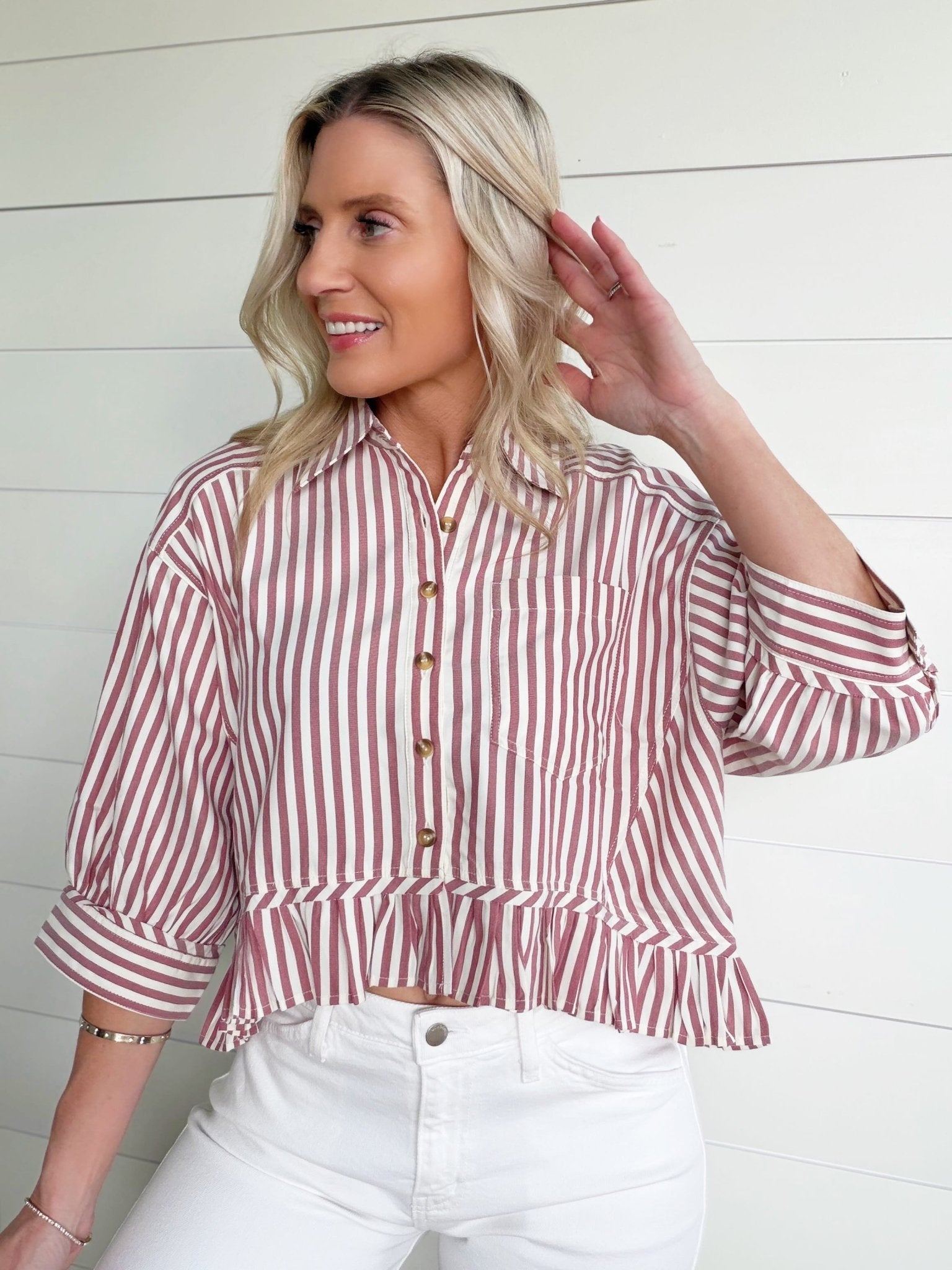 Striped Ruffle Hem Button Up Blouse In Wine - Infinity Raine