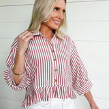 Striped Ruffle Hem Button Up Blouse In Wine - Infinity Raine