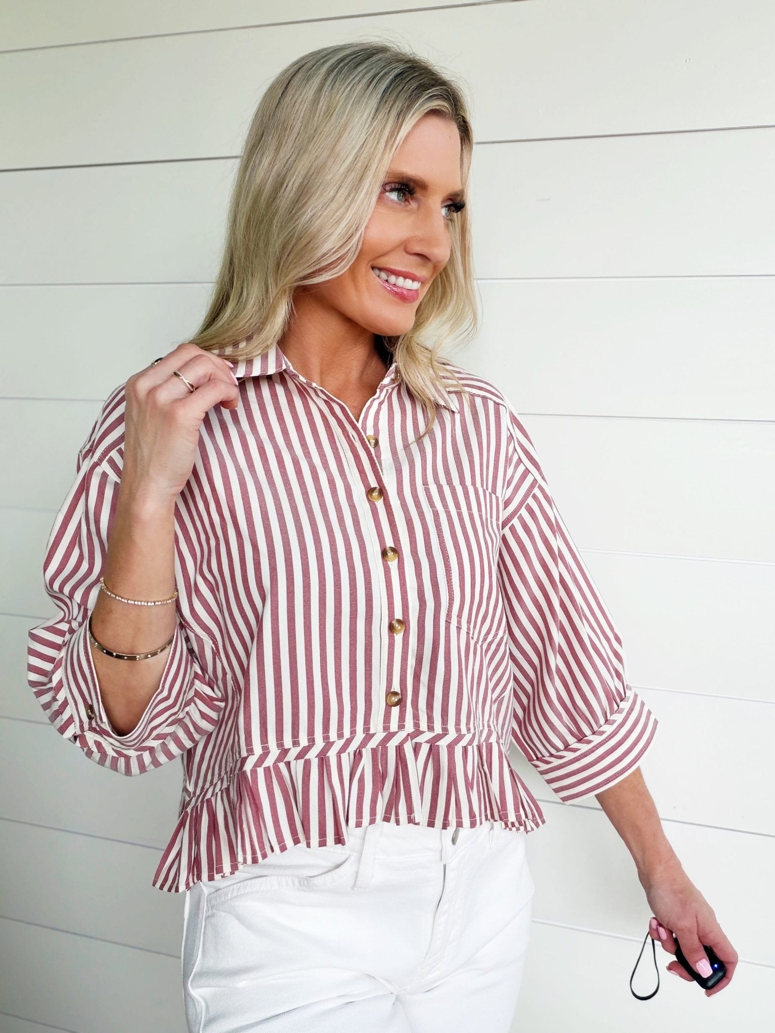 Striped Ruffle Hem Button Up Blouse In Wine - Infinity Raine