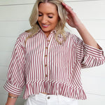 Striped Ruffle Hem Button Up Blouse In Wine - Infinity Raine