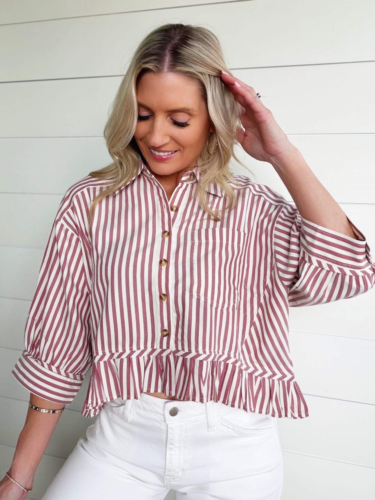 Striped Ruffle Hem Button Up Blouse In Wine - Infinity Raine