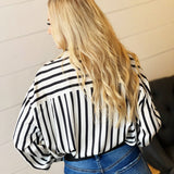 Striped Satin Long Sleeve Button Down - Black - Infinity Raine