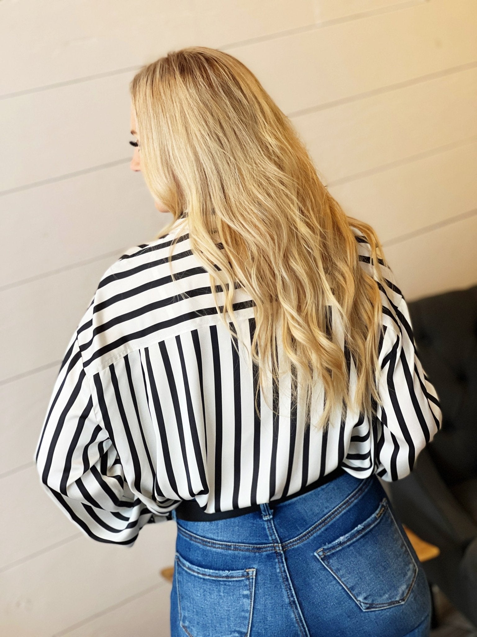 Striped Satin Long Sleeve Button Down - Black - Infinity Raine