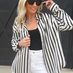 Striped Satin Long Sleeve Button Down-Black - Infinity Raine