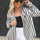 Striped Satin Long Sleeve Button Down-Black - Infinity Raine