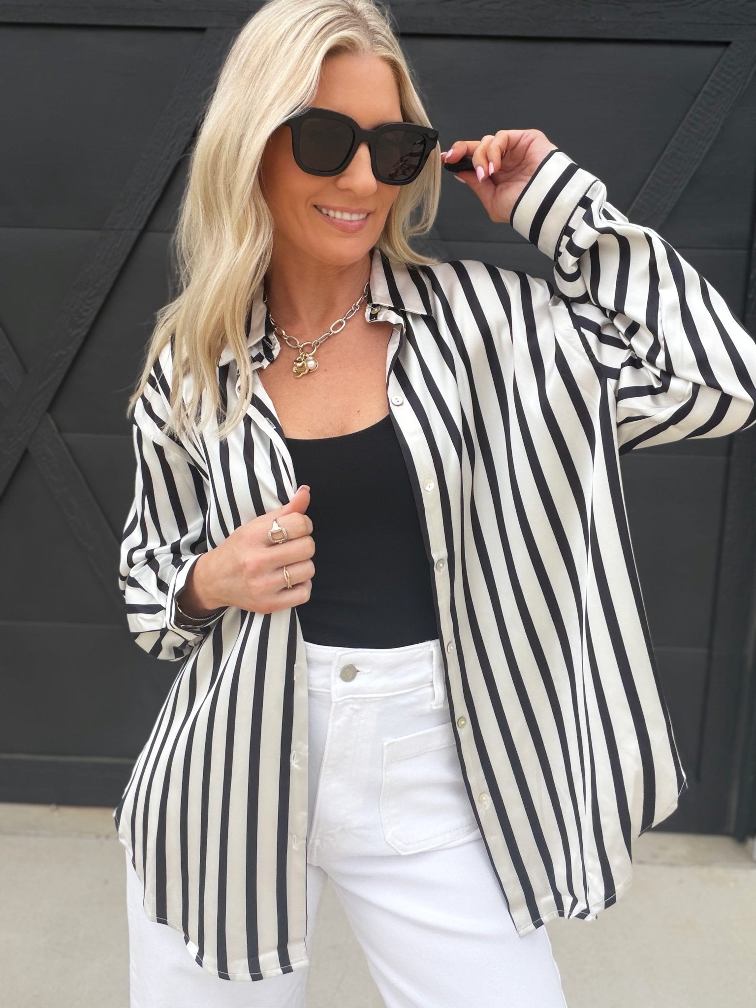 Striped Satin Long Sleeve Button Down-Black - Infinity Raine