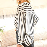 Striped Satin Long Sleeve Button Down - Black - Infinity Raine