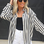 Striped Satin Long Sleeve Button Down-Black - Infinity Raine