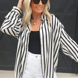 Striped Satin Long Sleeve Button Down-Black - Infinity Raine