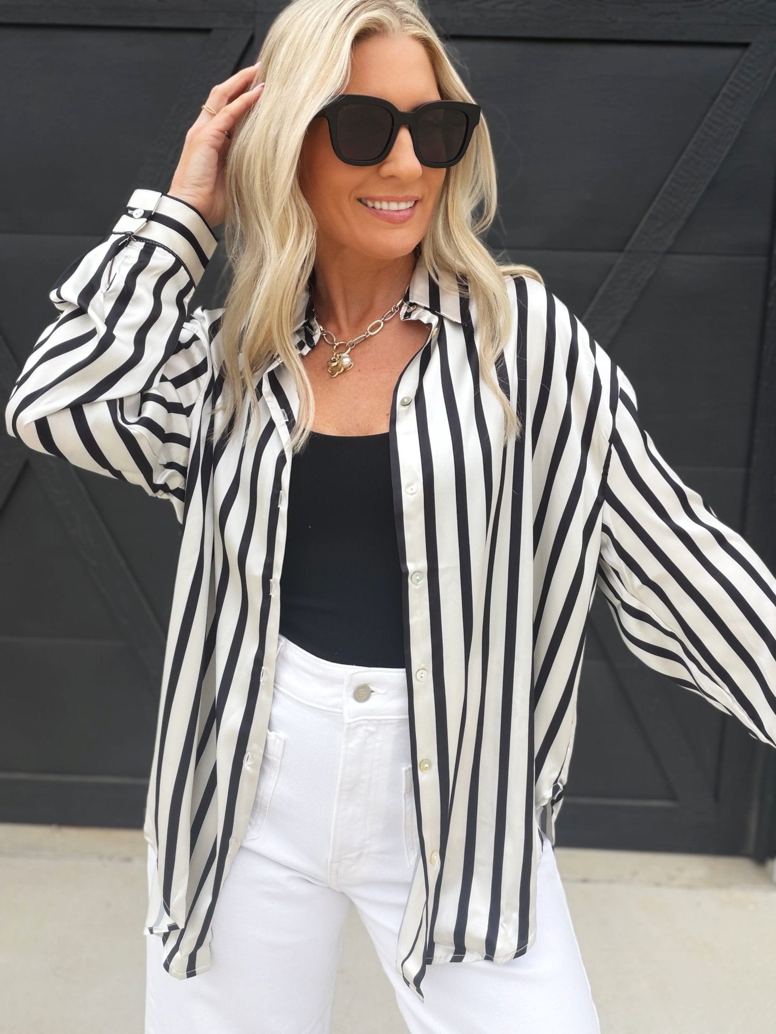 Striped Satin Long Sleeve Button Down-Black - Infinity Raine