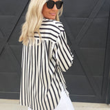 Striped Satin Long Sleeve Button Down-Black - Infinity Raine