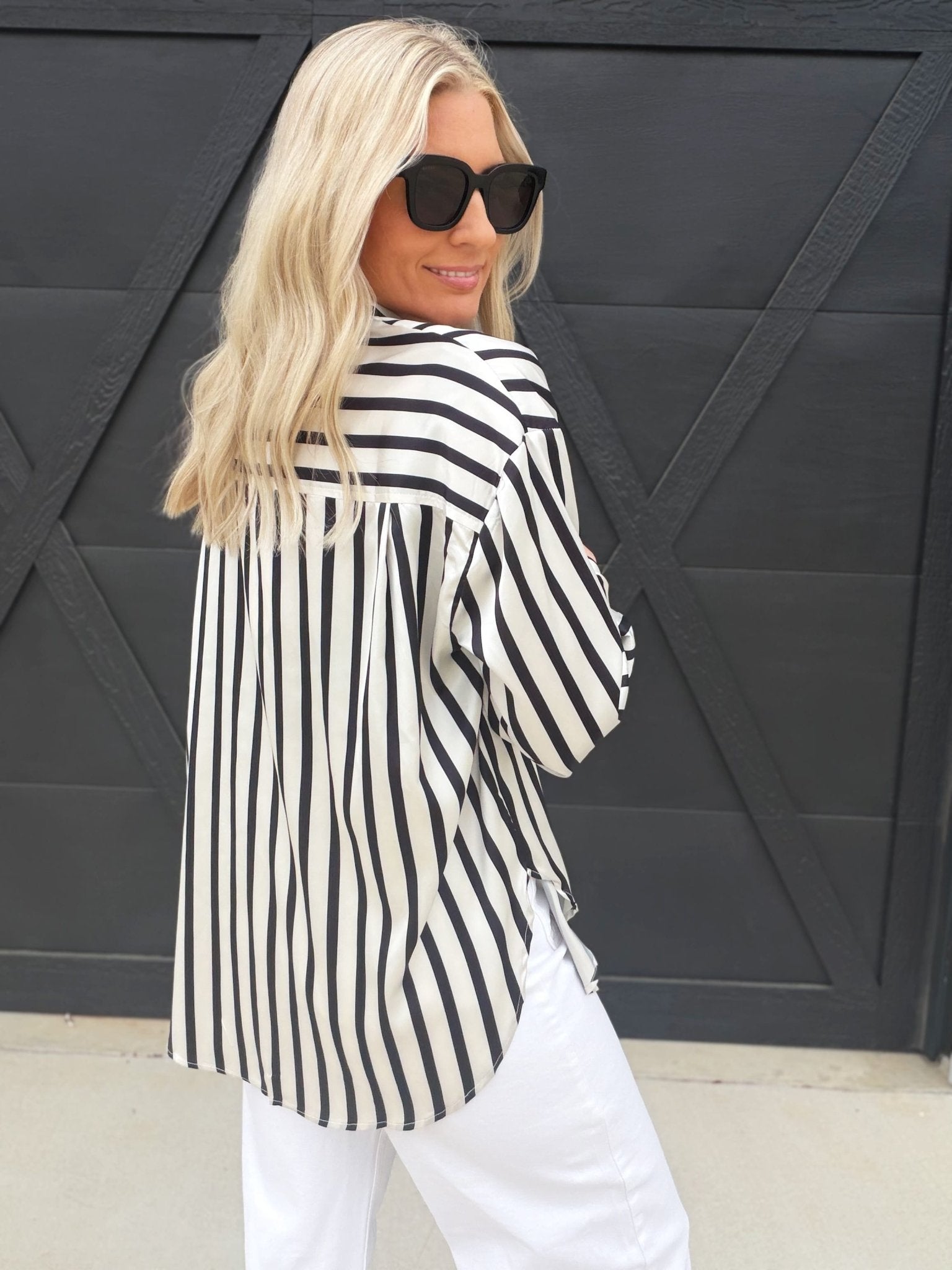 Striped Satin Long Sleeve Button Down - Black - Infinity Raine