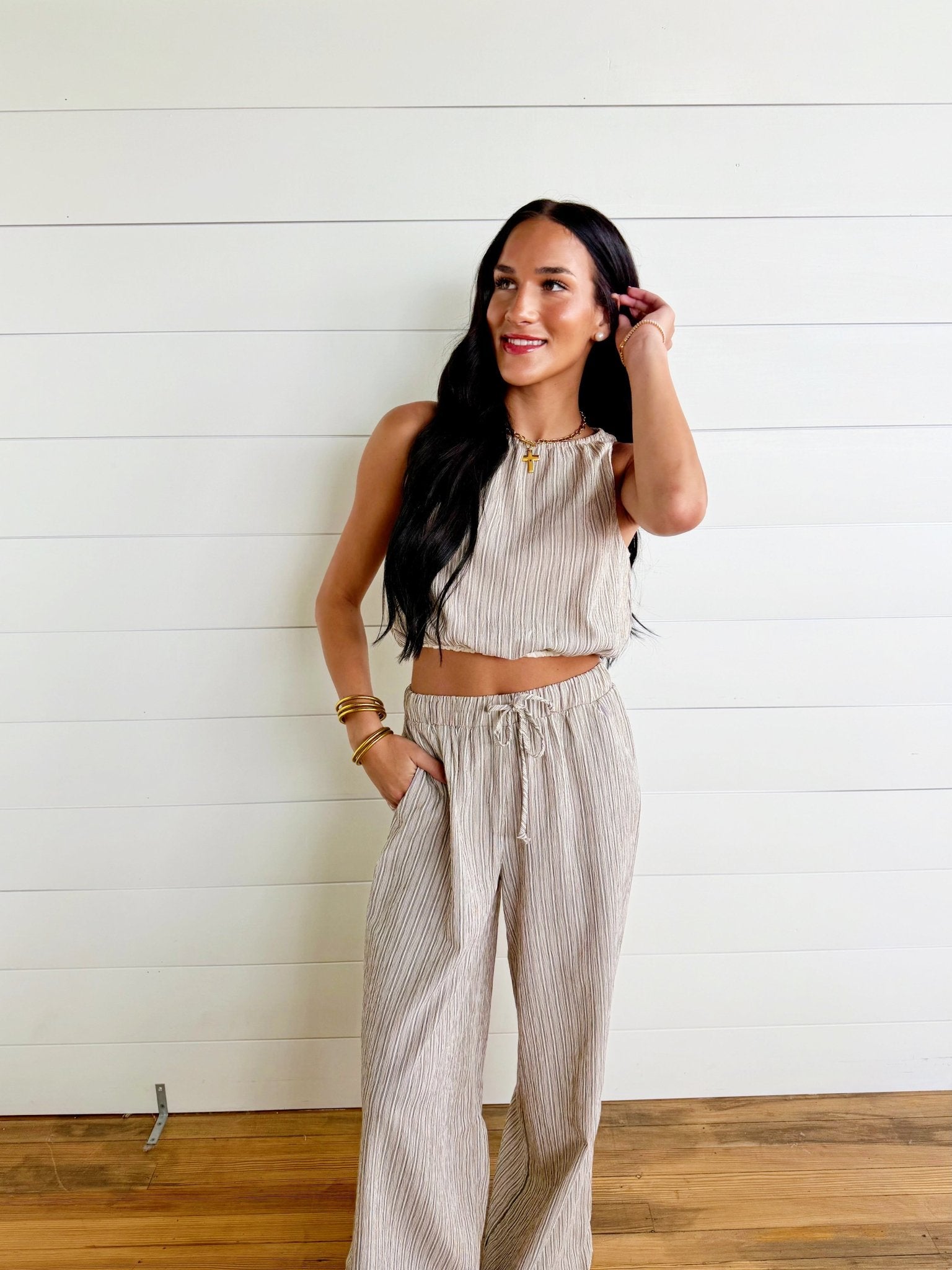 Striped Sleeveless Top In Khaki - Infinity Raine