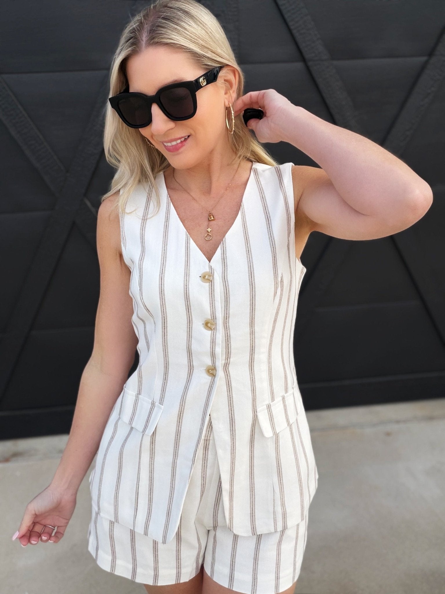 Striped V - neck Sleeveless Vest In Brown - Infinity Raine
