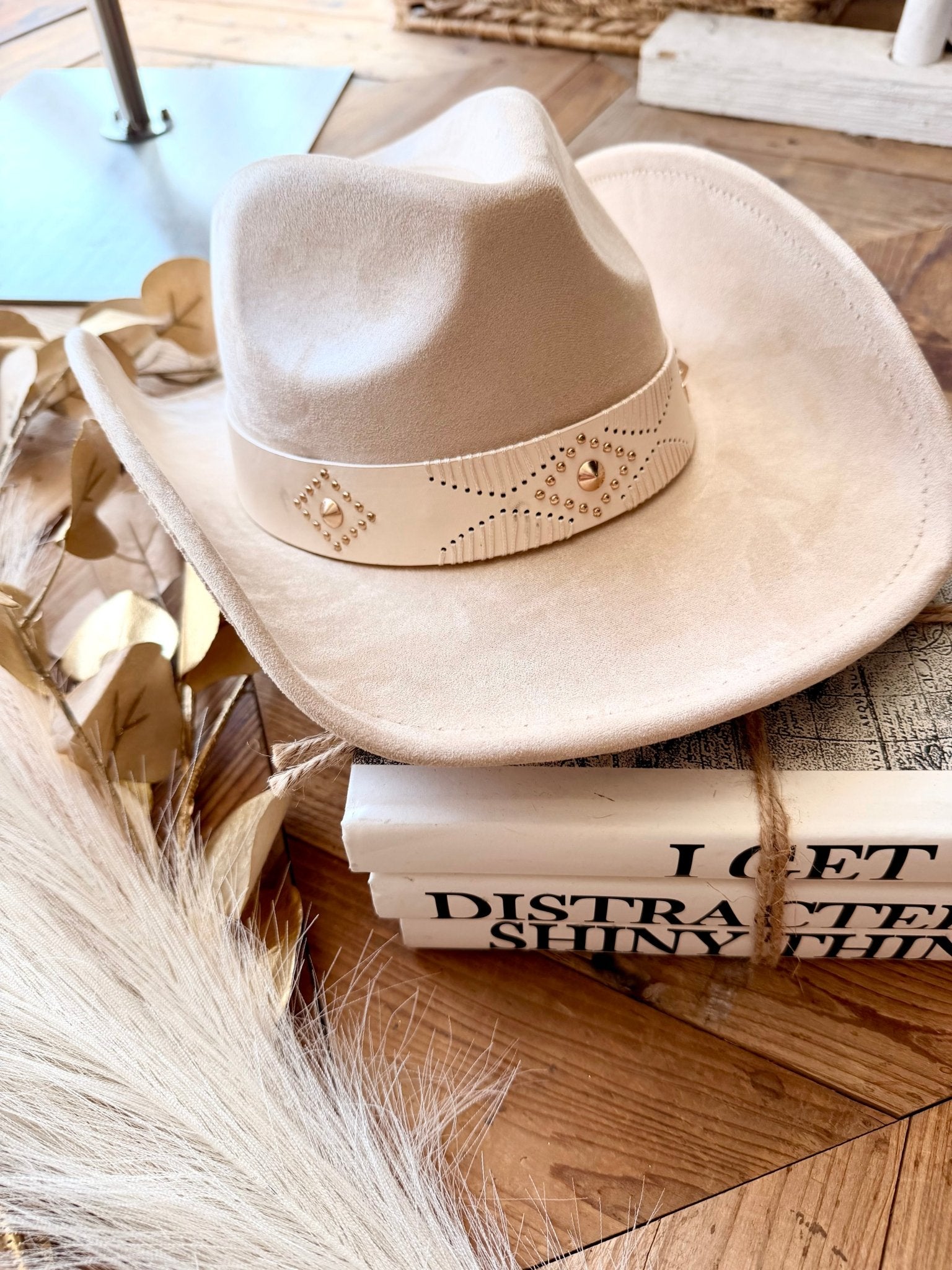 Stud Embellished Vegan Leather Cowboy Hat In Ivory - Infinity Raine
