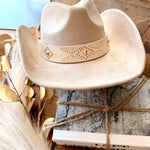 Stud Embellished Vegan Leather Cowboy Hat In Ivory - Infinity Raine