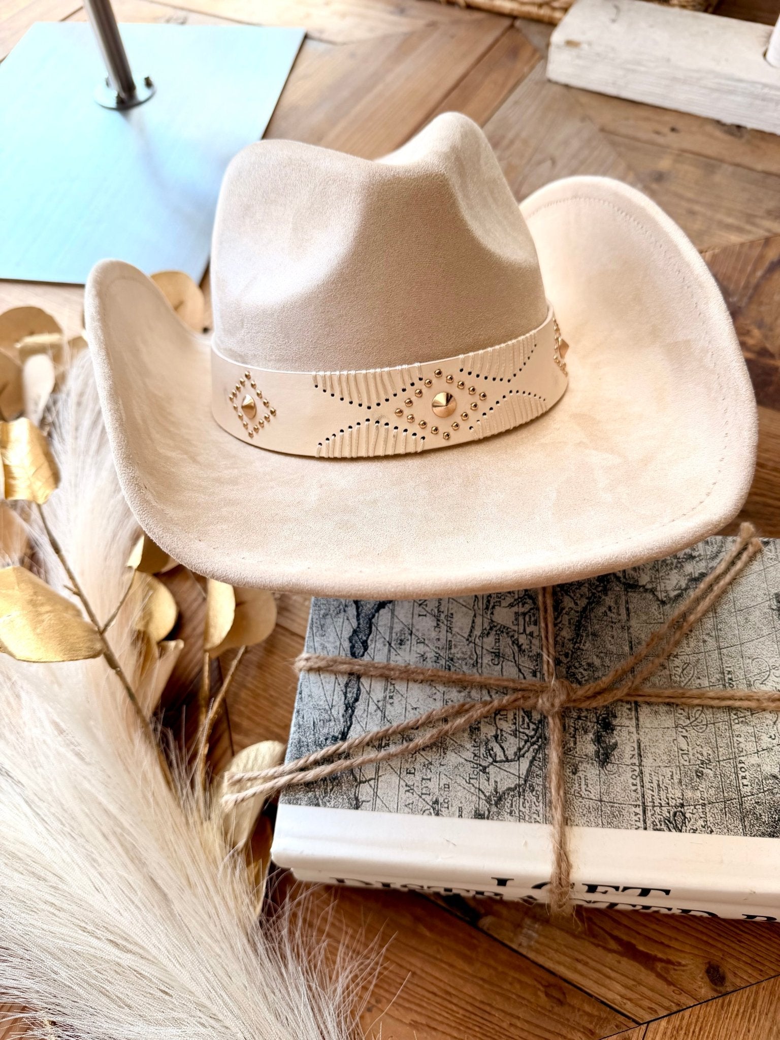 Stud Embellished Vegan Leather Cowboy Hat In Ivory - Infinity Raine