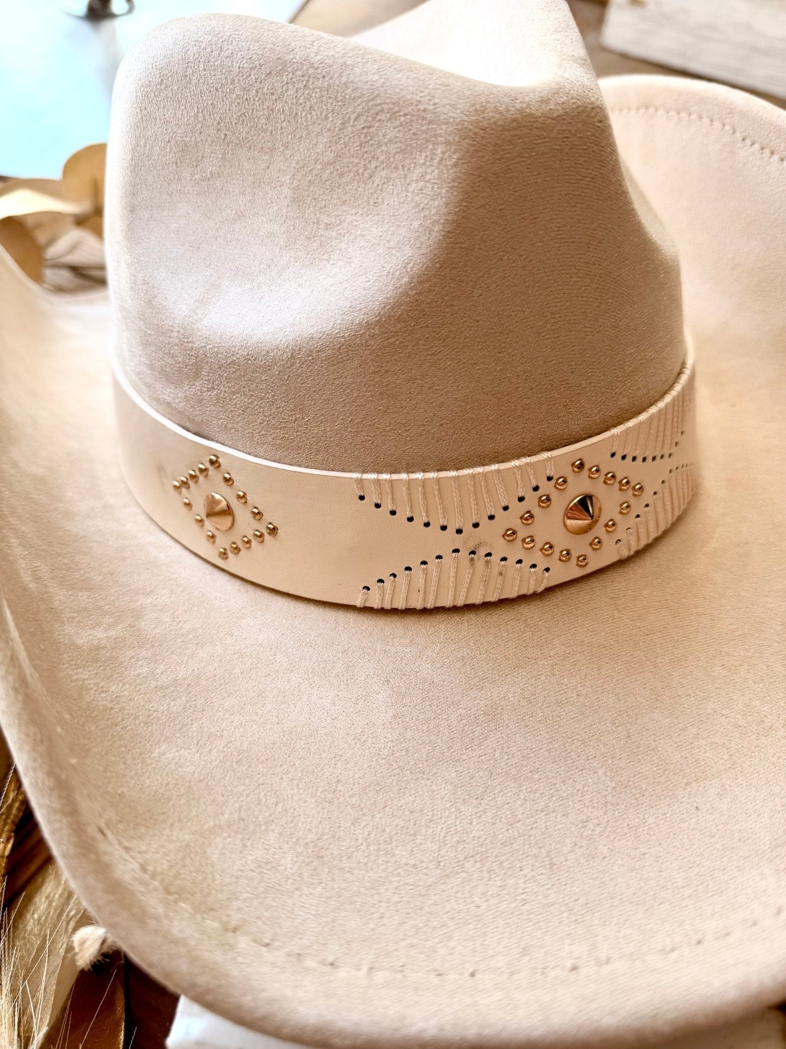 Stud Embellished Vegan Leather Cowboy Hat In Ivory - Infinity Raine