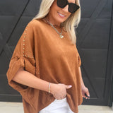 Studded High Low Oversized Tee In Camel - Infinity Raine