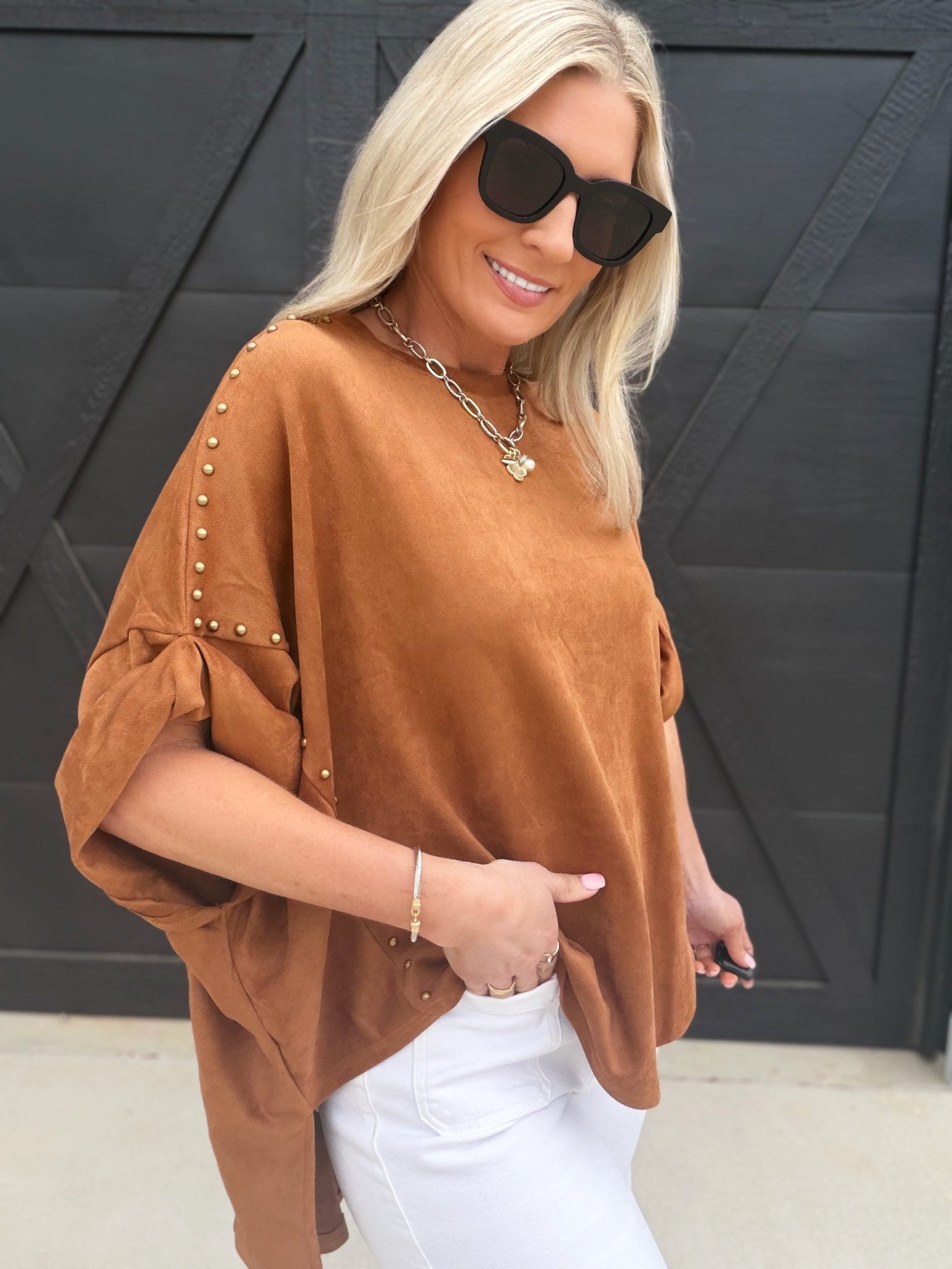 Studded High Low Oversized Tee In Camel - Infinity Raine