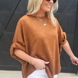 Studded High Low Oversized Tee In Camel - Infinity Raine