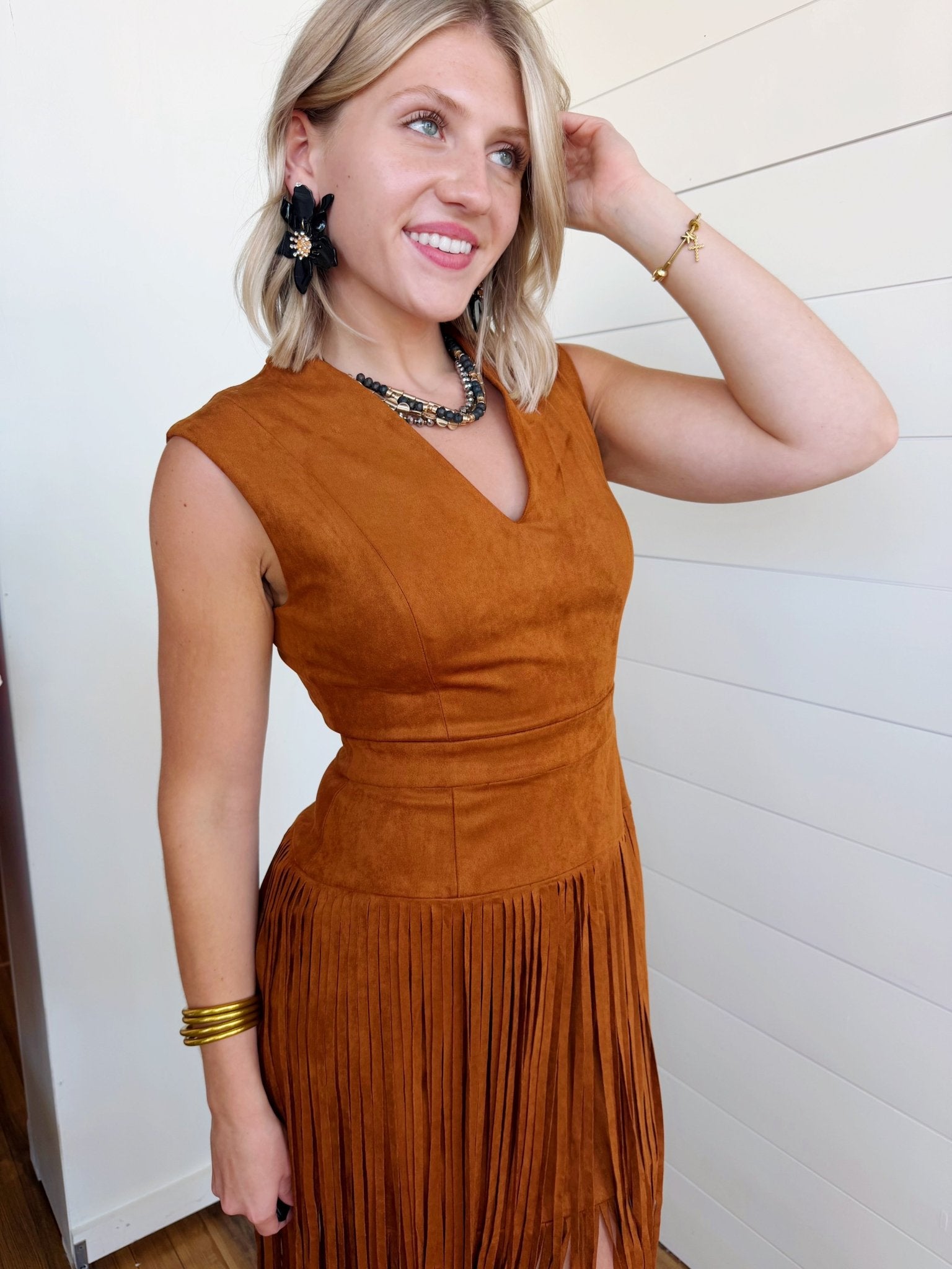 Suede V-Neck Fringe Tiered Dress In Camel - Infinity Raine