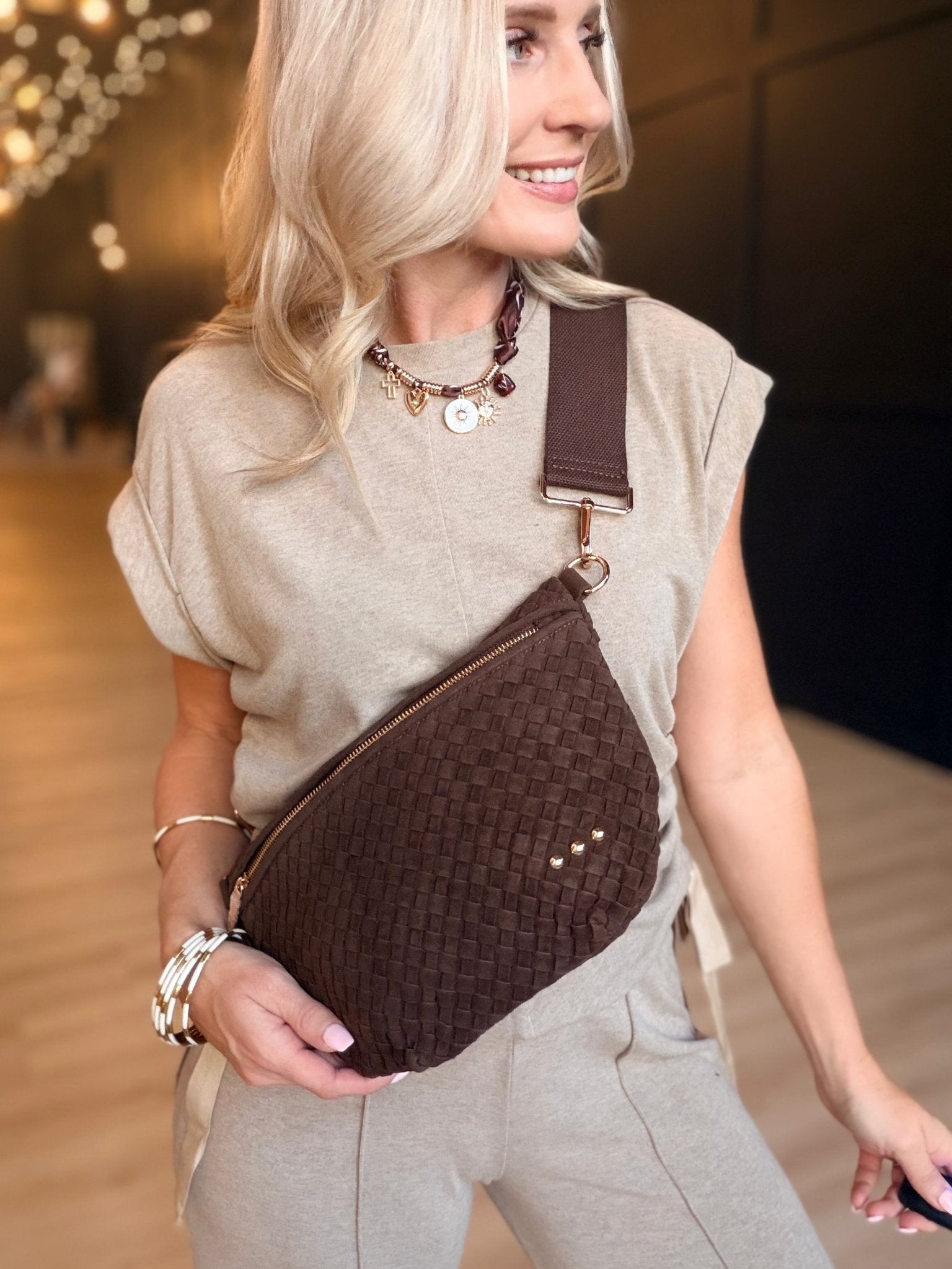 Suede Westlyn Woven Bum Bag In Suede Chocolate - Infinity Raine
