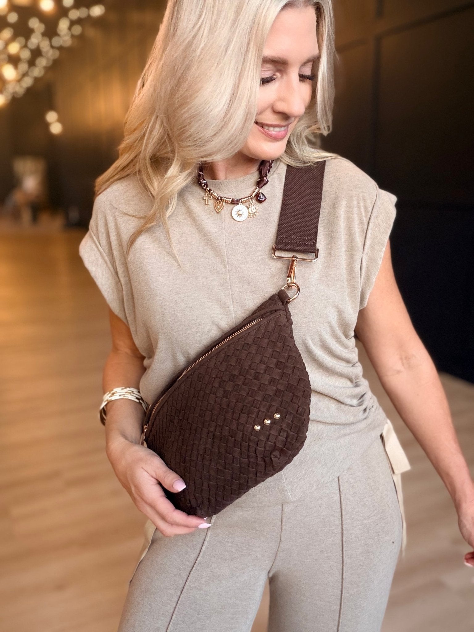 Suede Westlyn Woven Bum Bag In Suede Chocolate - Infinity Raine