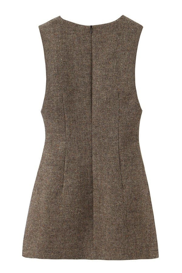 Woolen V-neck Mini Dress In Brown - Infinity Raine