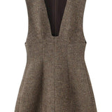 Woolen V-neck Mini Dress In Brown - Infinity Raine