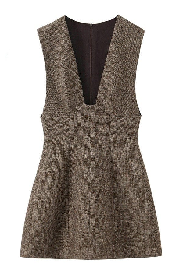 Woolen V-neck Mini Dress In Brown - Infinity Raine
