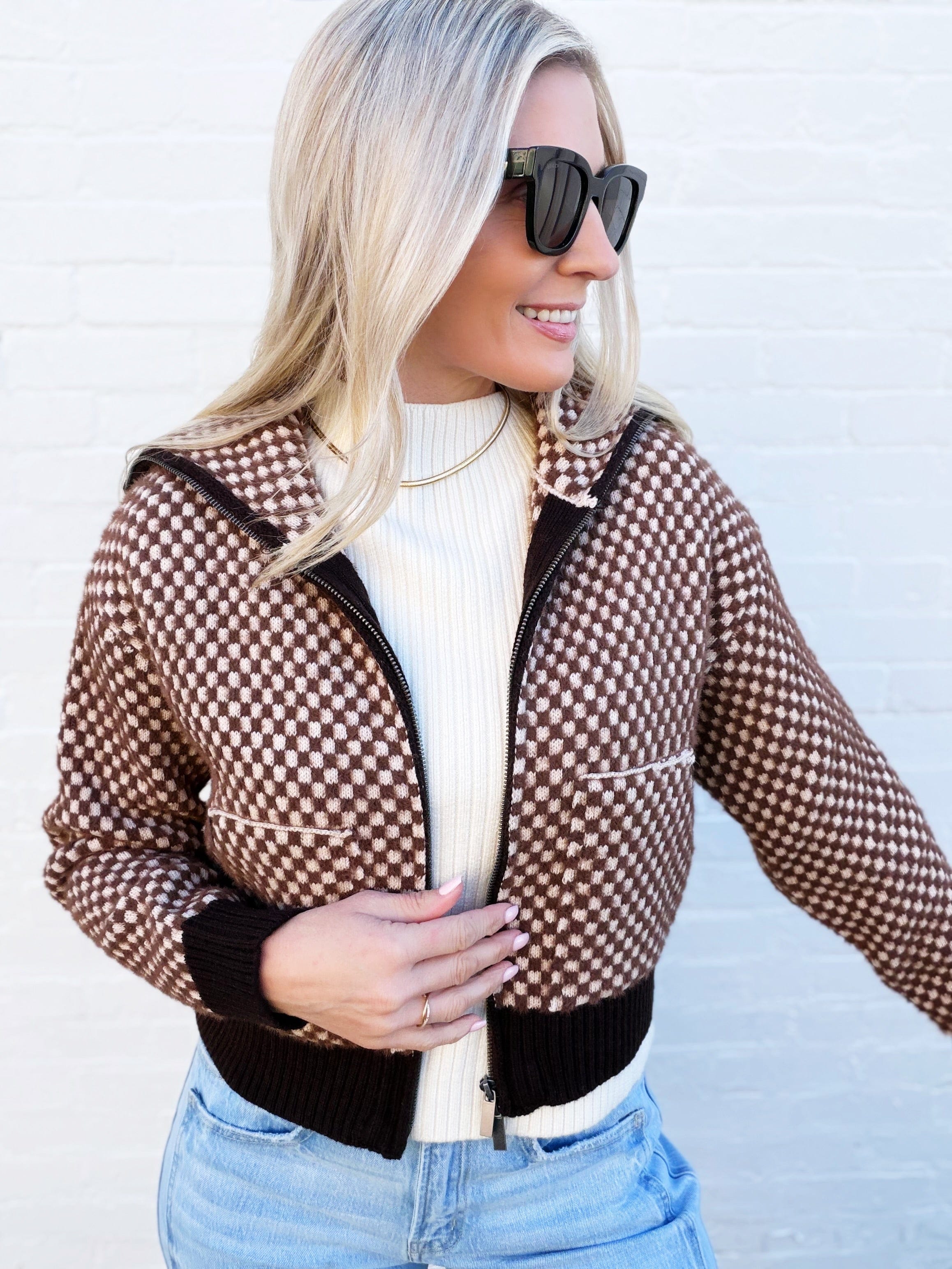 SUNDAYUP Outerwear - Jackets & Coats Faux Fur Combination Knit Bomber Jacket In Brown