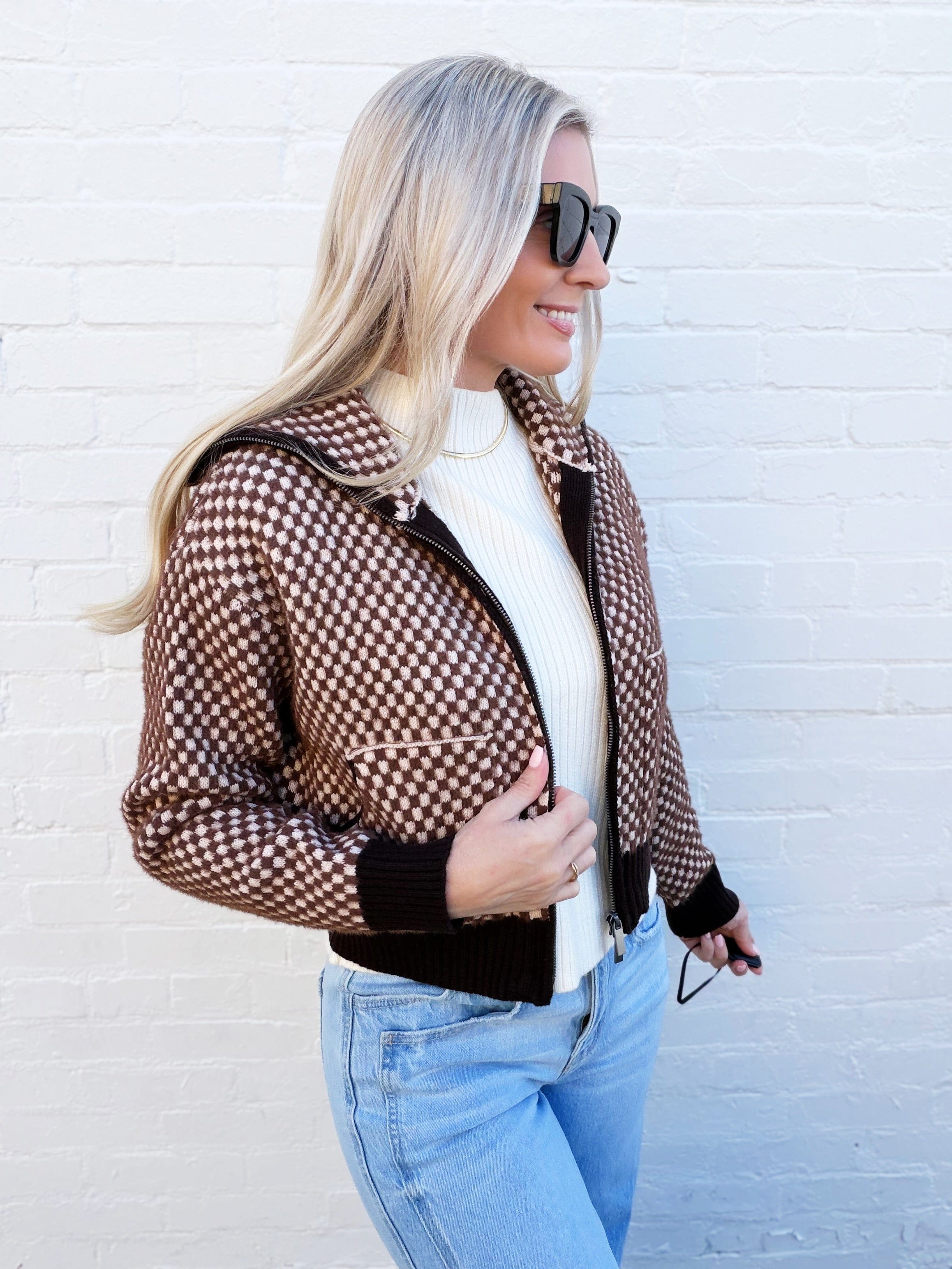 SUNDAYUP Outerwear - Jackets & Coats Faux Fur Combination Knit Bomber Jacket In Brown