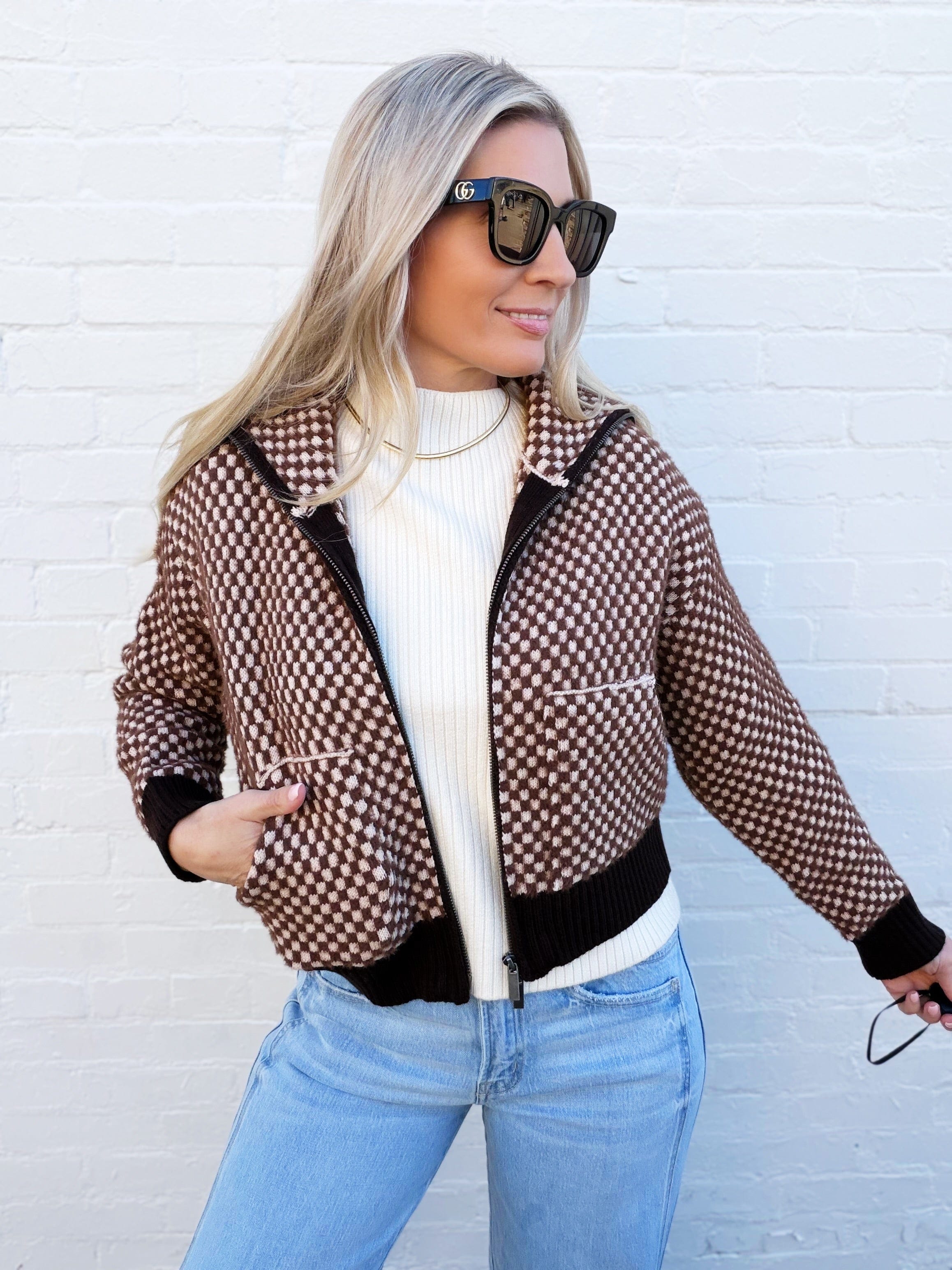 SUNDAYUP Outerwear - Jackets & Coats Faux Fur Combination Knit Bomber Jacket In Brown
