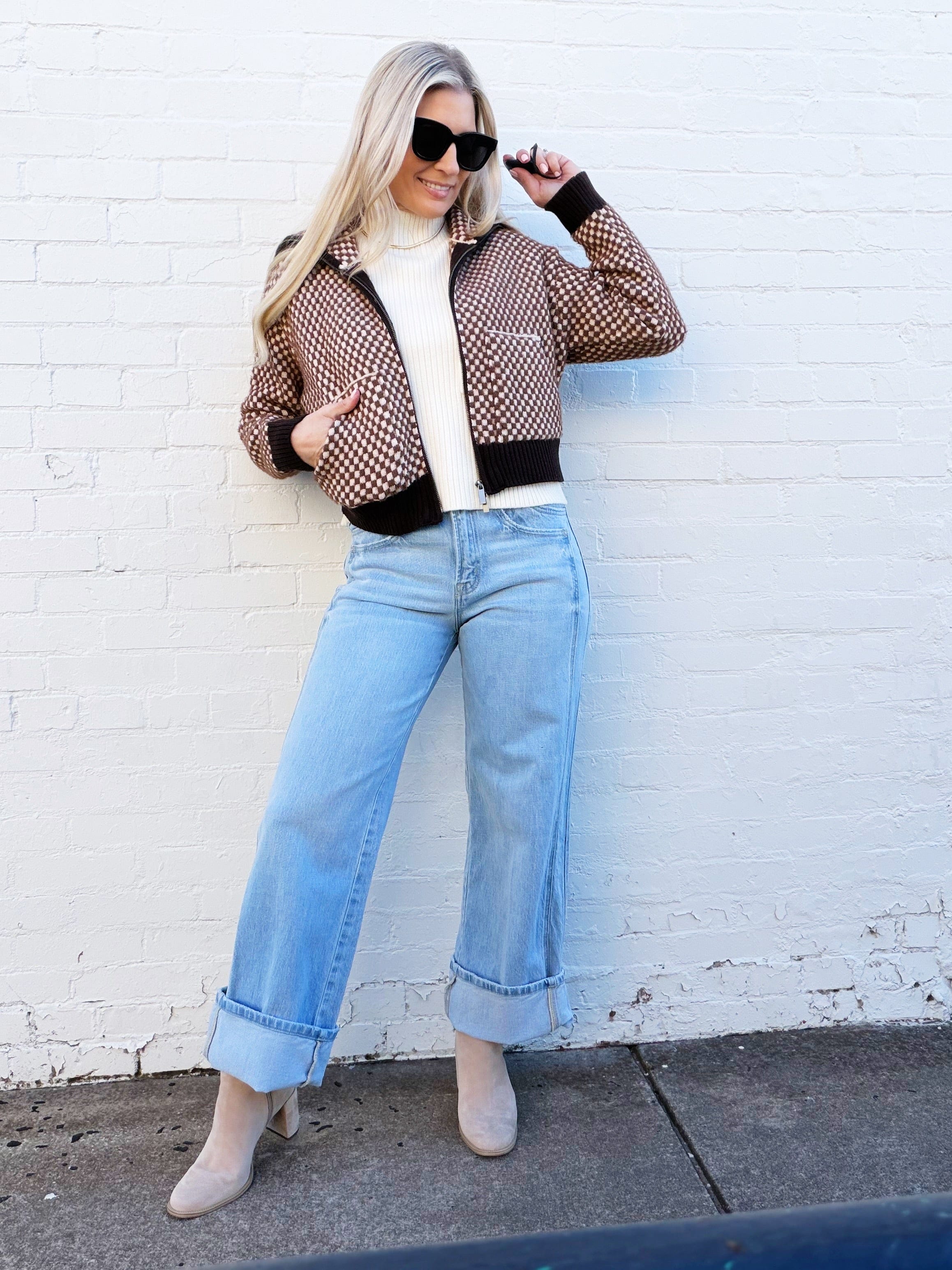 SUNDAYUP Outerwear - Jackets & Coats Faux Fur Combination Knit Bomber Jacket In Brown