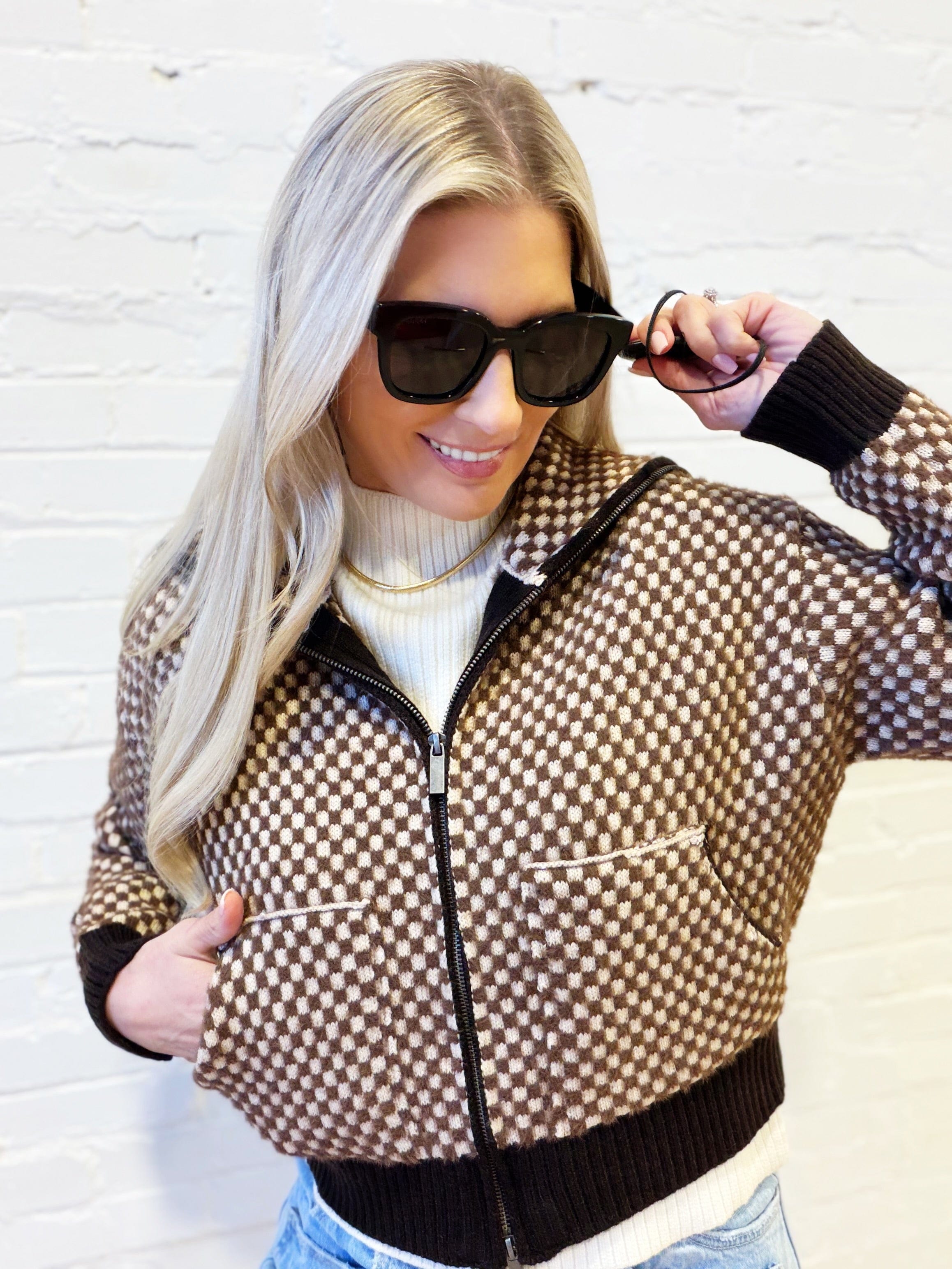 SUNDAYUP Outerwear - Jackets & Coats Faux Fur Combination Knit Bomber Jacket In Brown